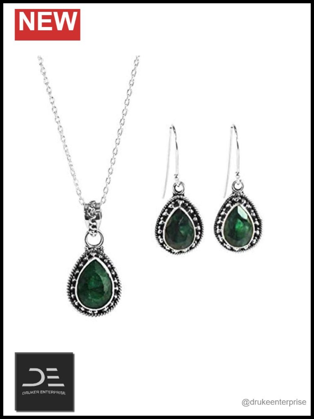 Sterling Silver Emerald Necklace Earrings Set Pear Gemstone Jewelry Gift